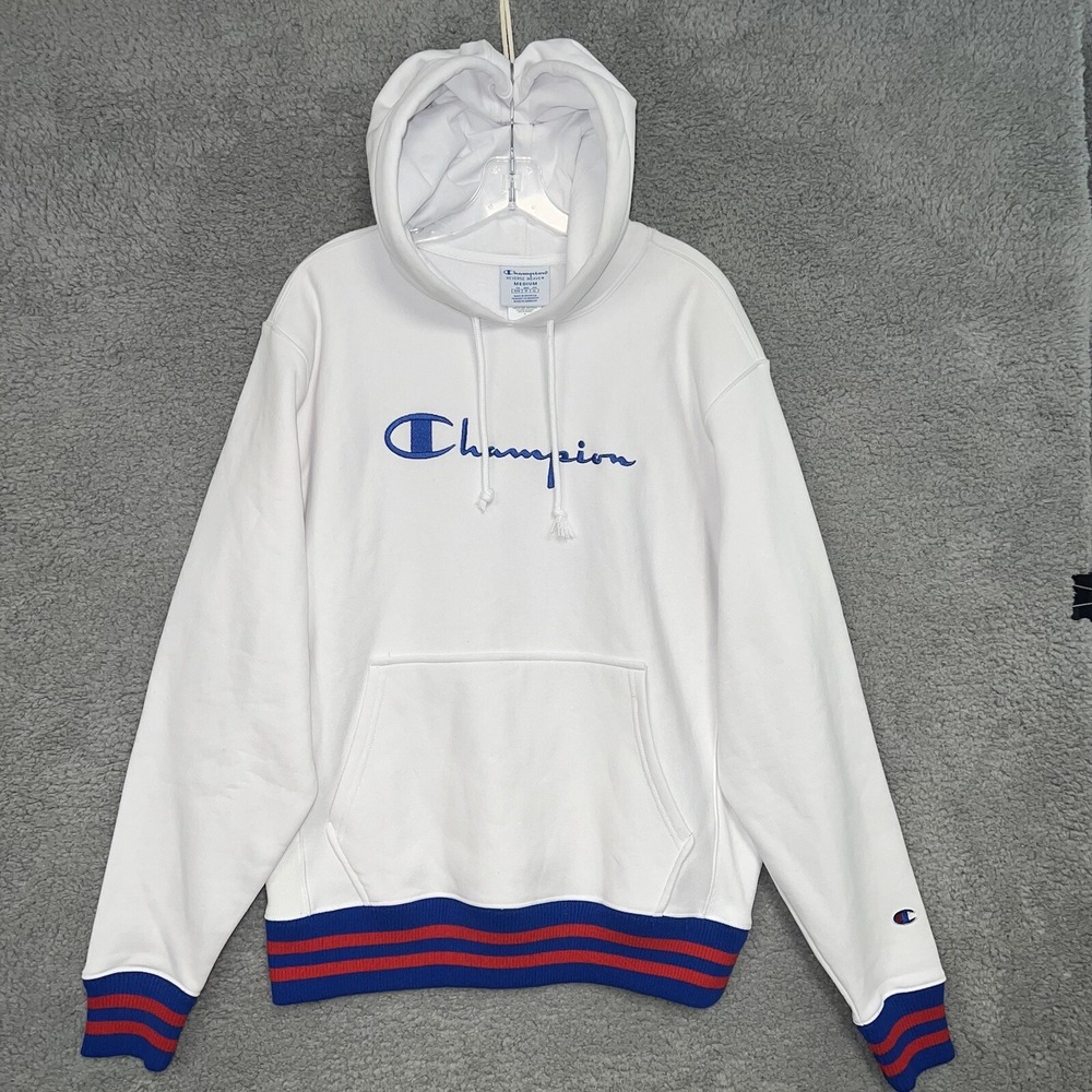 NWT Champion Sweatshirt Men's Size M Multicolor Rib Trim Logo Spellout Hoodie‎